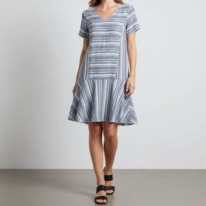 Hailey & Co. Linen Blend Striped Dress Blue White‎ Drop Waist size Medium